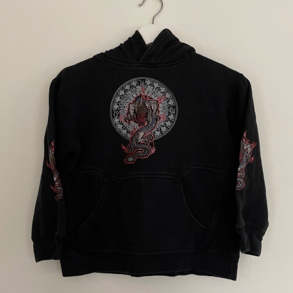 Vintage Y2K Kids Black Dragon Zodiac Graphic Hoodie Sweatshirt Size Medium M